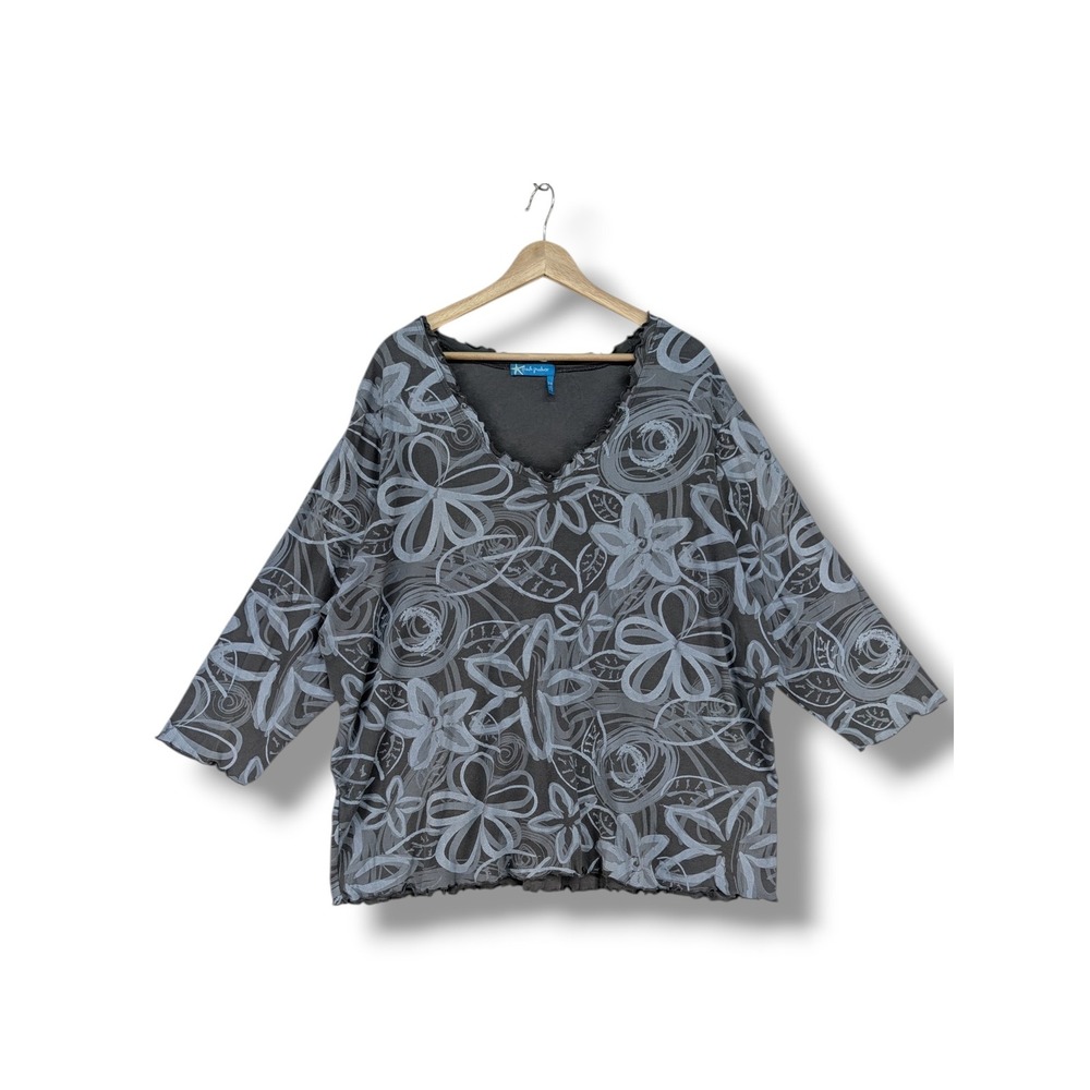 Fresh Produce Womens 3X Grey Floral V-Neck 3/4 Sleeve Cotton Top Lettuce Edge